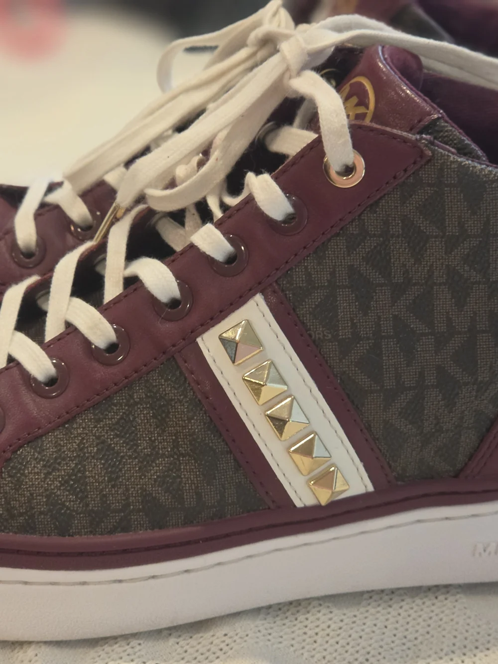 Women's High-Top Sneakers in Burgundy and Brown with Gold Stud Detail